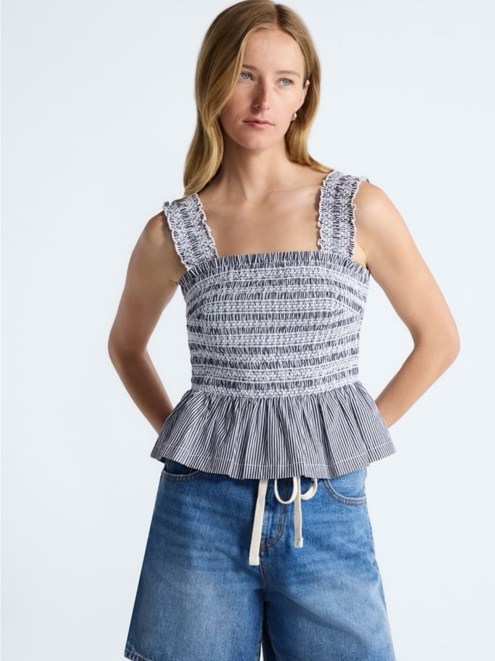 NWT Free Assembly Striped Smocked Peplum Camisole - Navy/White